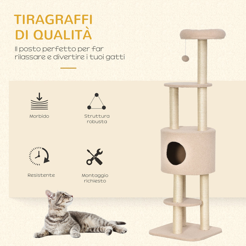Tiragraffi con Cuccia per Gatti in Legno Sisal 45x40x148 cm  Beige-6