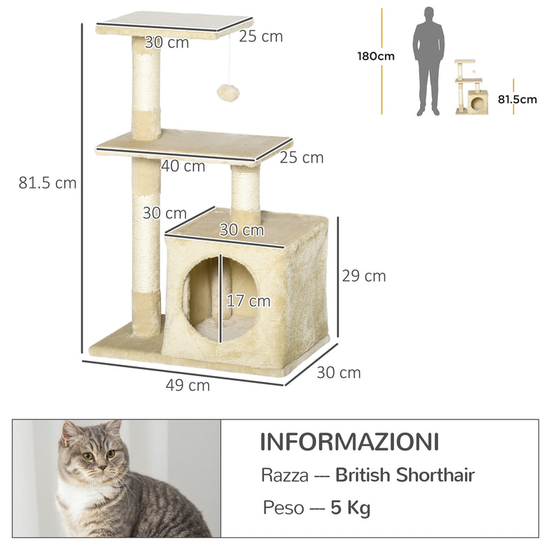 Albero Tiragraffi con Cuccia per Gatti in Legno Sisal 50x30x80 cm  Beige-3