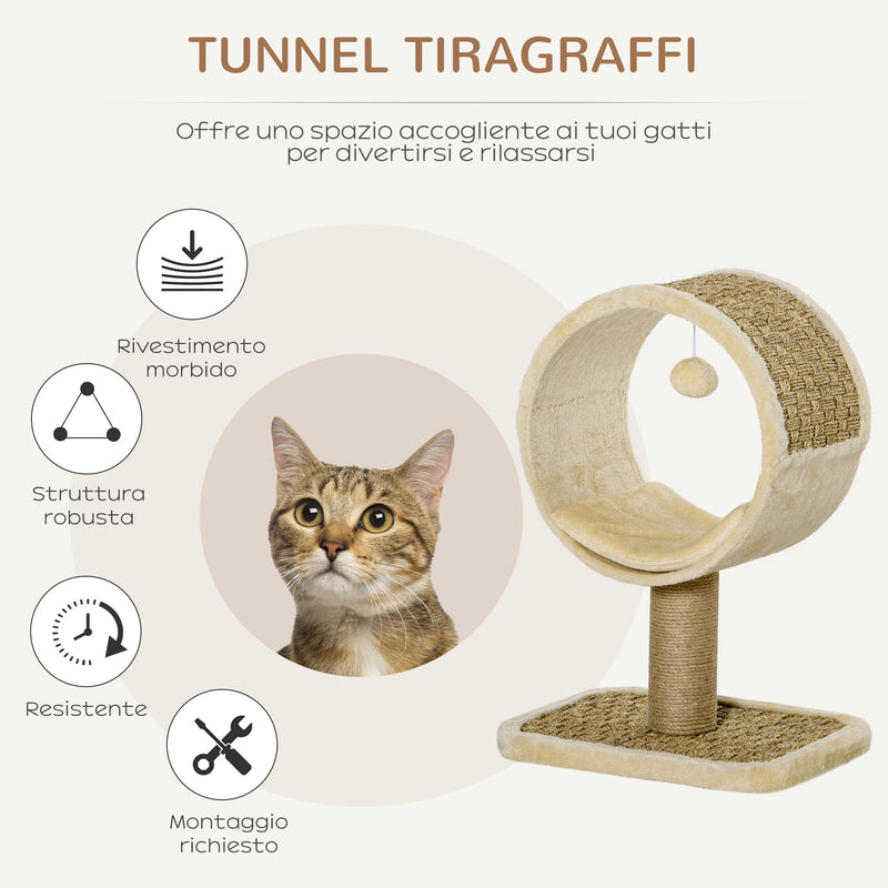 Tunnel Tiragraffi per Gatti Adulti 40x30x56 cm con Pallina Beige-4
