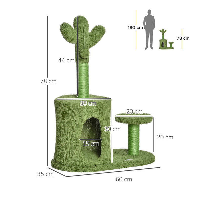 Albero Tiragraffi per Gatti 60x35x78 cm a Forma di Cactus con Palline e Cuccia Verde-3