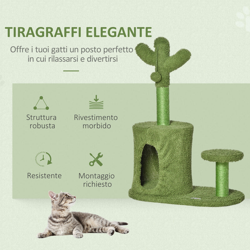 Albero Tiragraffi per Gatti 60x35x78 cm a Forma di Cactus con Palline e Cuccia Verde-4