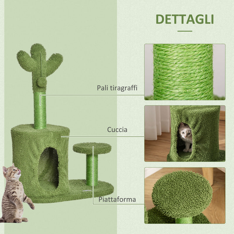 Albero Tiragraffi per Gatti 60x35x78 cm a Forma di Cactus con Palline e Cuccia Verde-5