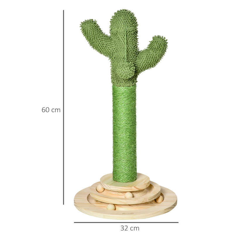 Albero Tiragraffi a Cactus per Gatti 32x32x60 cm in Corda Sisal e Palline in Legno Verde-3