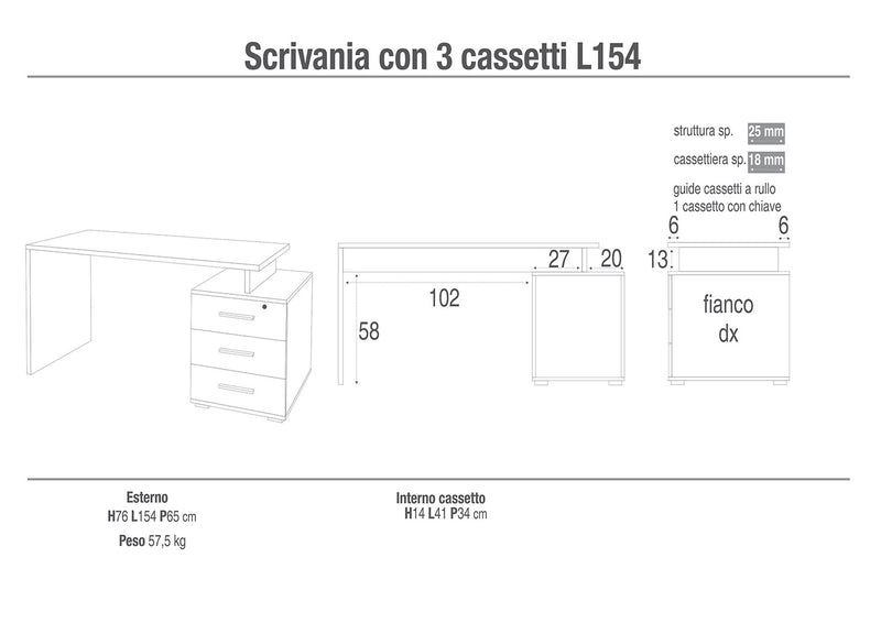 Scrivania da Ufficio 3 Cassetti 154x76x55 cm Ossido Bianco/Cemento-2