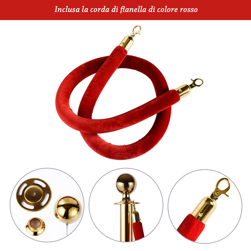 2 Colonnine Separacode Oro con Corda Rossa in Acciaio Inox Ø32x95 cm -7