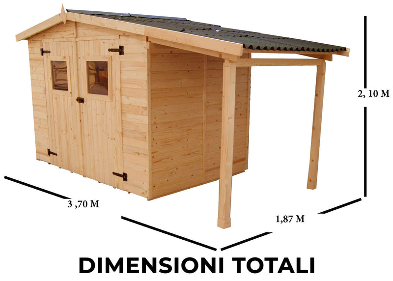 Casetta Box da Giardino 3,36x1,6 m con Pavimento e Tettoia Laterale in Legno Picea Massello 16mm Eden-3