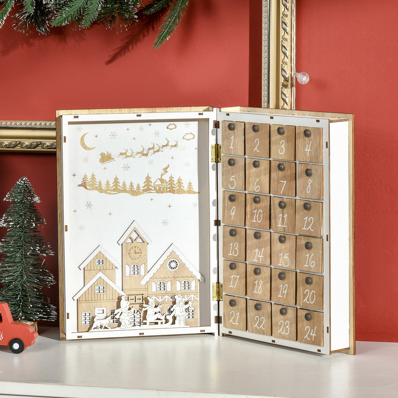 Calendario Avvento di Natale a forma di Libro 22x7x32 cm con Temi natalizi in Legno Bianco-2
