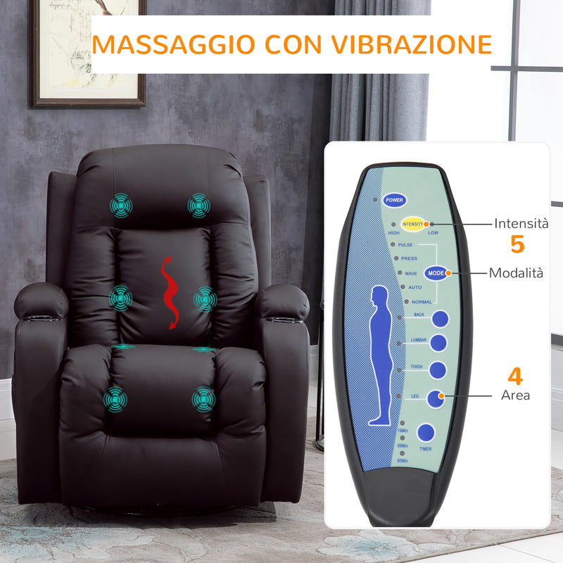 Poltrona Relax Massaggiante a 8 Punti 85x94x104 cm Reclinabile con Telecomando in Similpelle Marrone-7