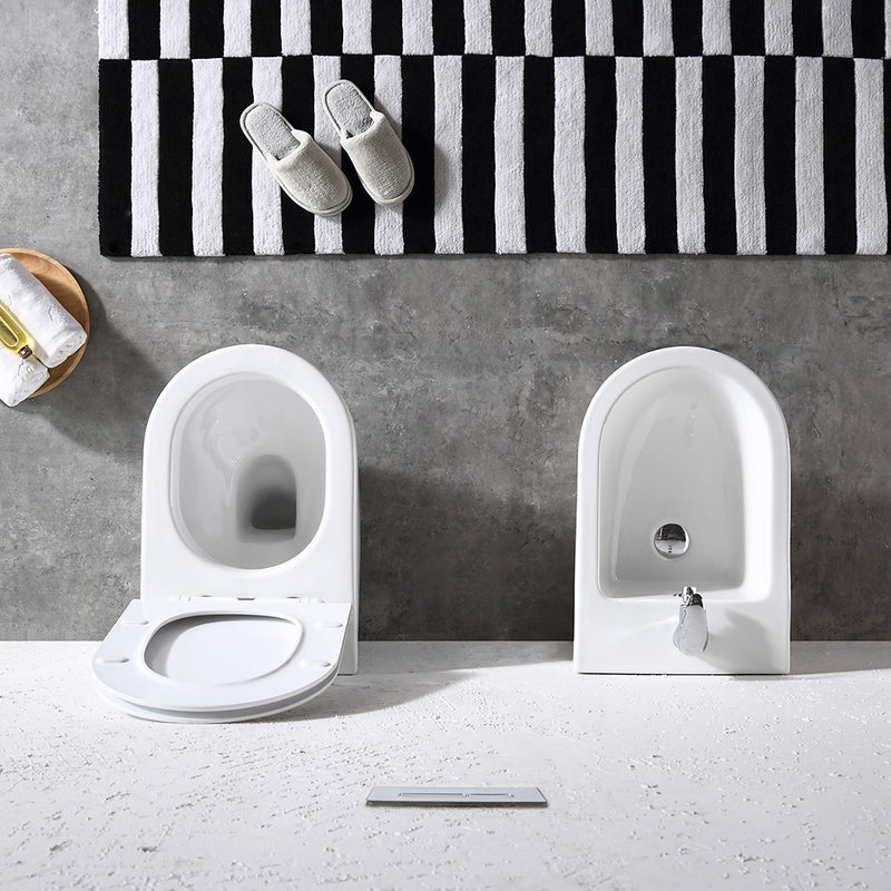 Coppia di Sanitari WC e Bidet Sospesi Filo Muro in Ceramica 36,5x56x37cm Bianco-4