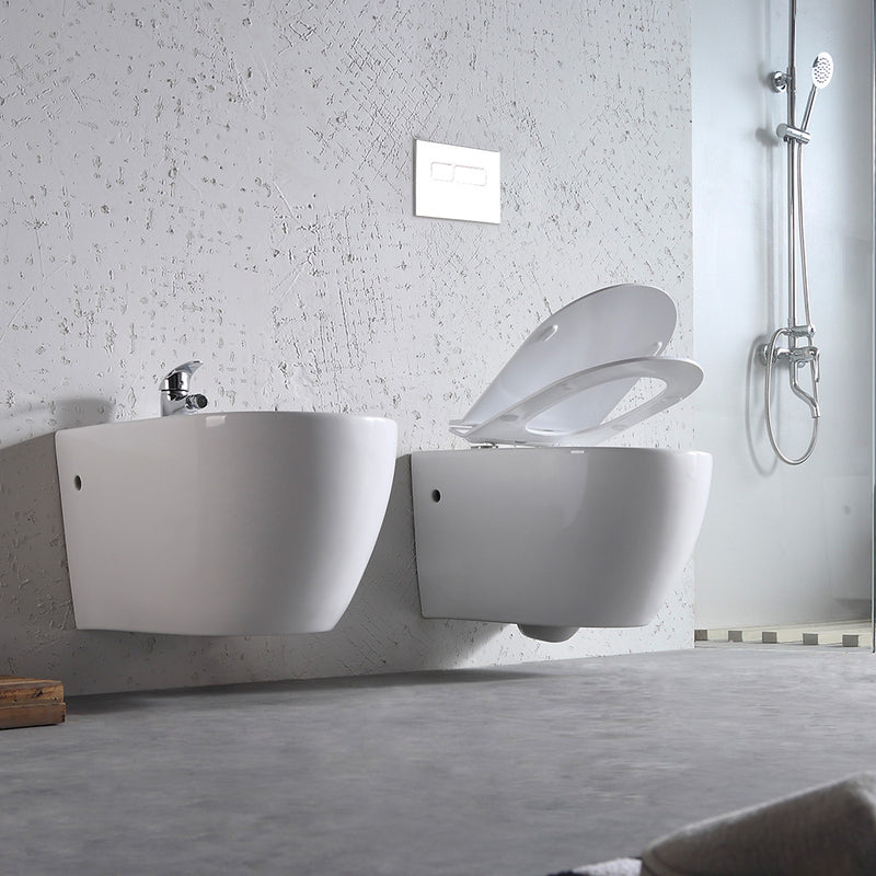 Coppia di Sanitari WC e Bidet Sospesi Filo Muro in Ceramica 36,5x56x37cm Bianco-6