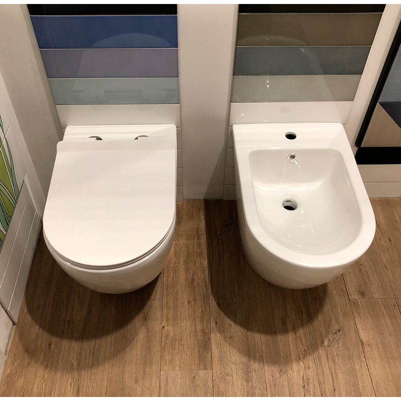 Coppia di Sanitari WC e Bidet a Terra Filo Muro in Ceramica 37,8x56,5x41cm Bianco-6
