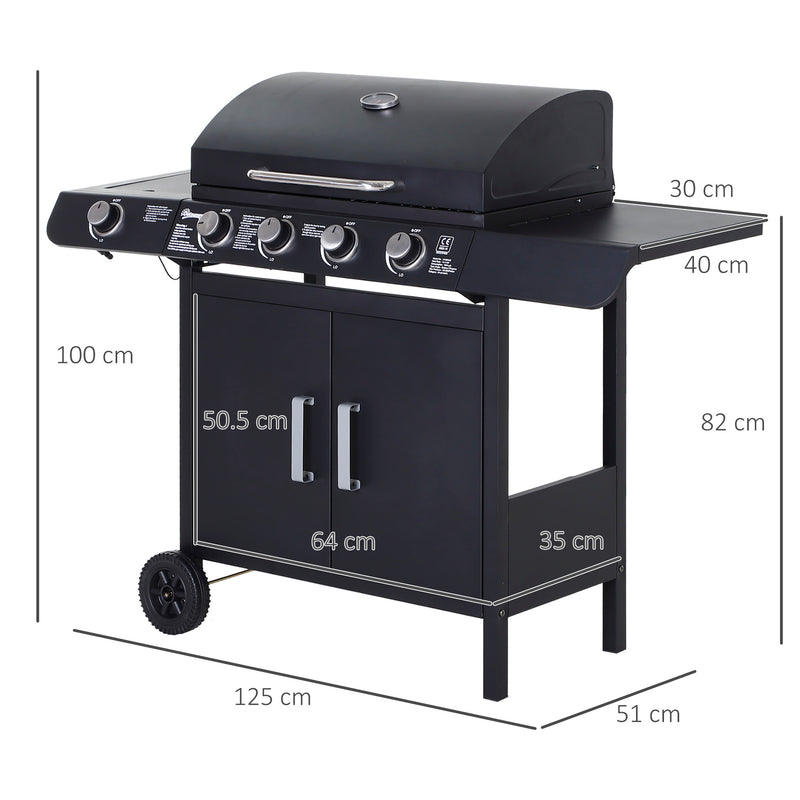 Barbecue a Gas a 5 Fornelli con Ripiani Laterali e Armadietto 125x51x100 cm in Acciaio e PP Nero-3