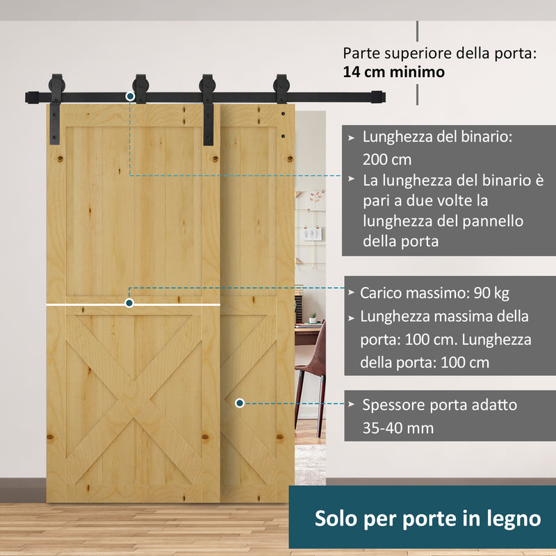 Binario per Porte Scorrevoli 200x0,6x4 cm con Kit di Accessori Nero-4