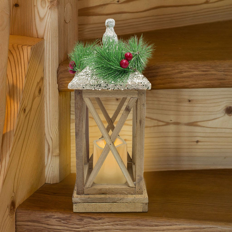 Lanterna con lumino di Natale in legno con luce led e glitter-4