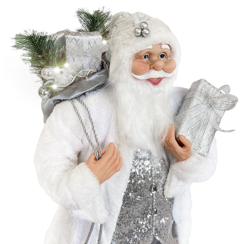 Pupazzo Babbo Natale H110 cm con Luci e Suoni Bianco e Argento-3