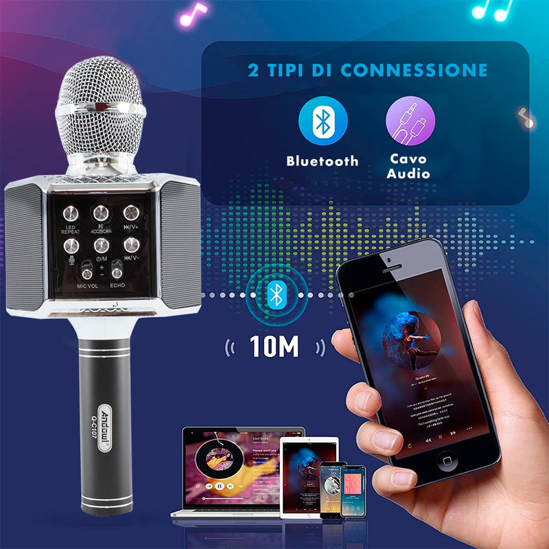 Microfono Karaoke Wireless con Luci Led Registra Canta e Riproduce Musica Nero-2