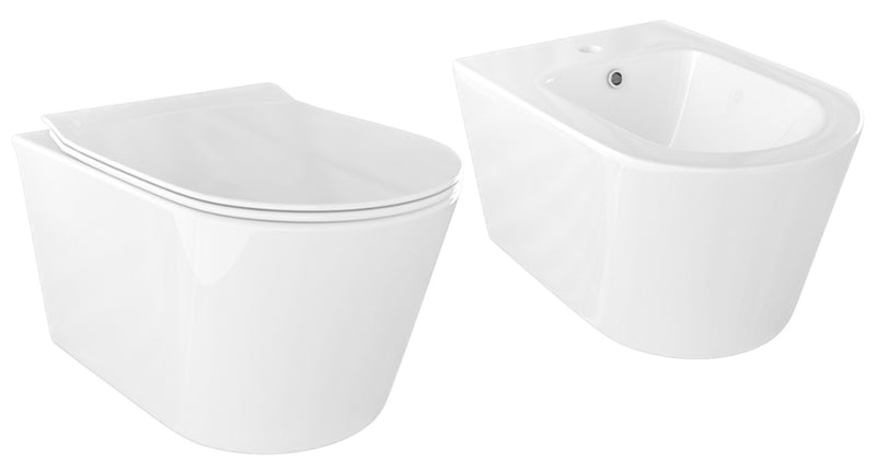 Coppia di Sanitari WC e Bidet Sospesi in Ceramica 36,5x53x35 cm Oceano Bonussi Bianco Lucido-1