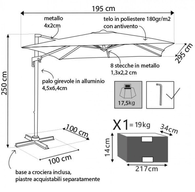 Ombrellone da Giardino Newton Decentrato 2x3 m in Alluminio Nero Telo Grigio-7