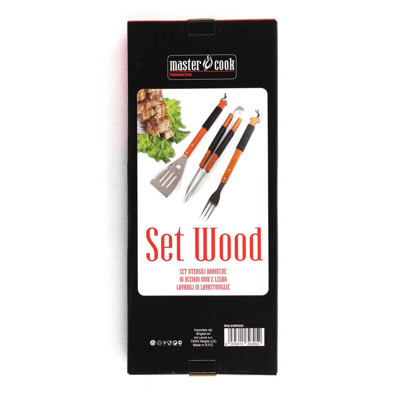 Set 3 Utensili Accessori per  Barbecue in Acciaio Wood -8