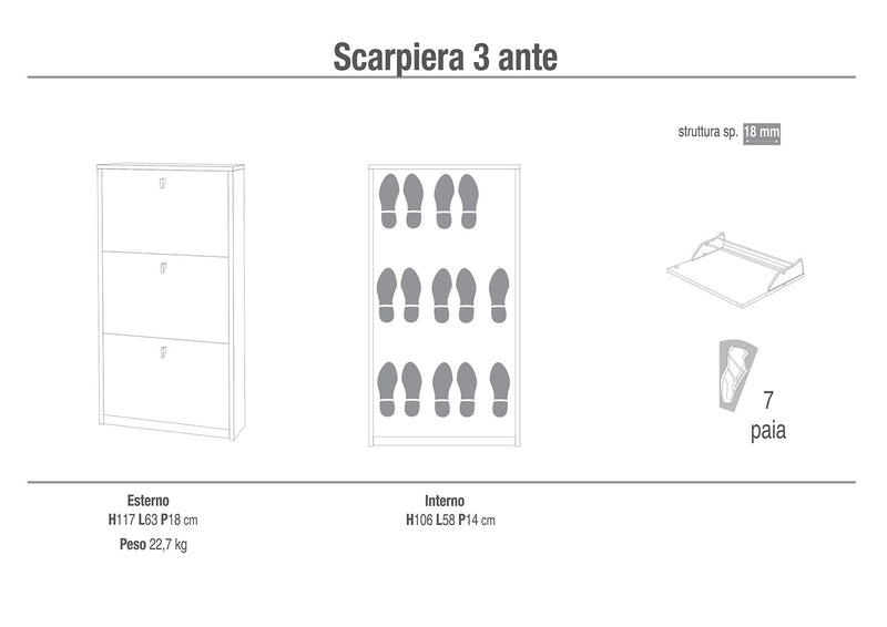 Scarpiera Salvaspazio 3 Ante 7 Paia  63x117x18 cm Noce Stelvio-2