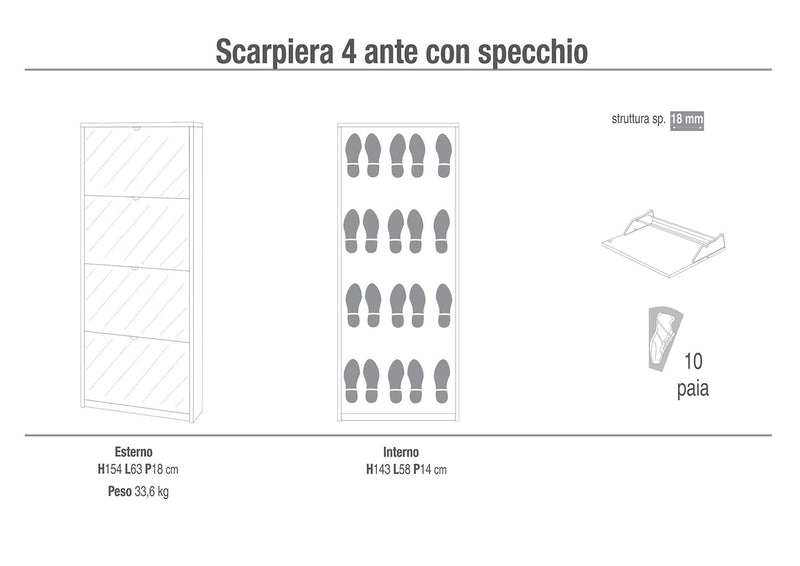 Scarpiera Salvaspazio 4 Ante 10 Paia  63x154x18 cm Noce Stelvio-2
