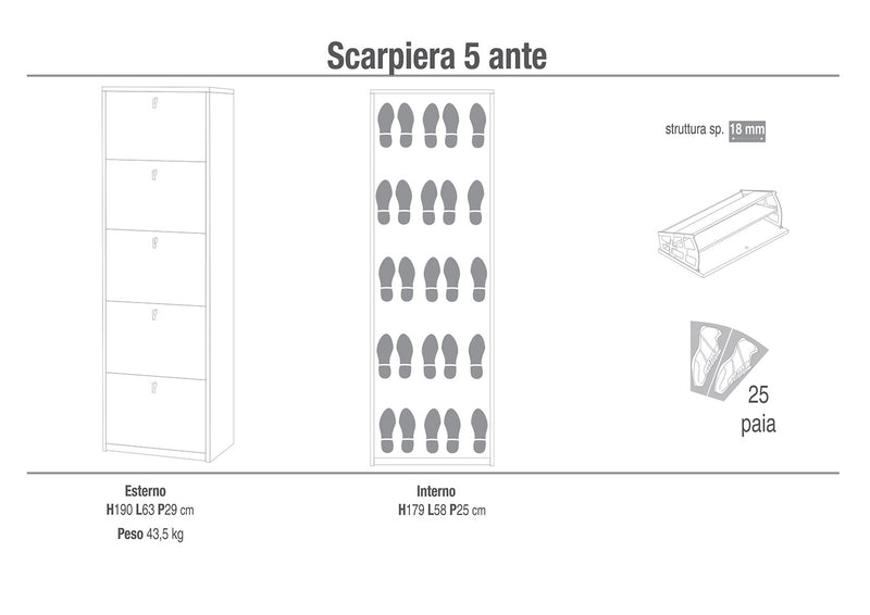 Scarpiera Salvaspazio 5 Ante 25 Paia 63x190x29 cm Noce Stelvio-2