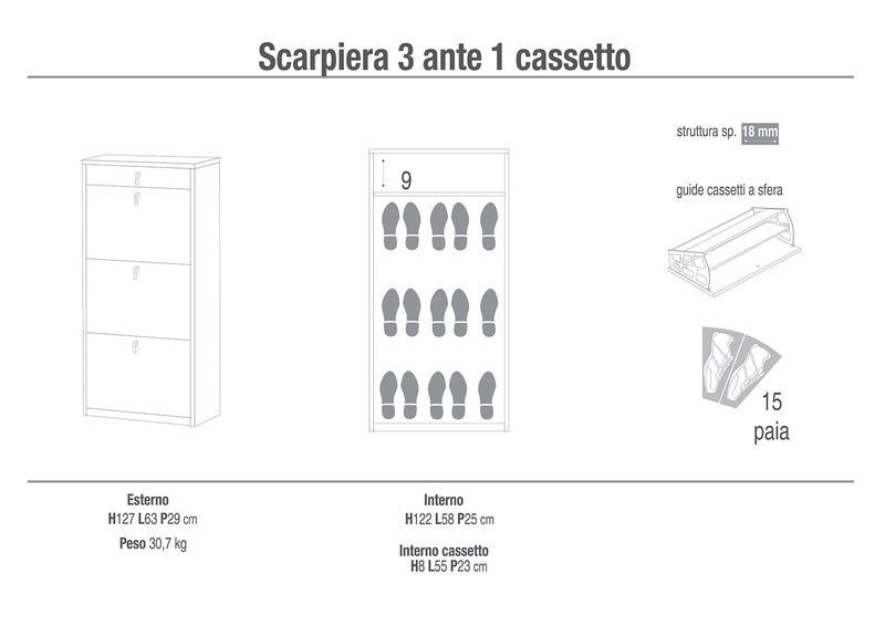Scarpiera Salvaspazio 3 Ante 1 Cassetto 15 Paia 63x127x29 cm Noce Stelvio-2