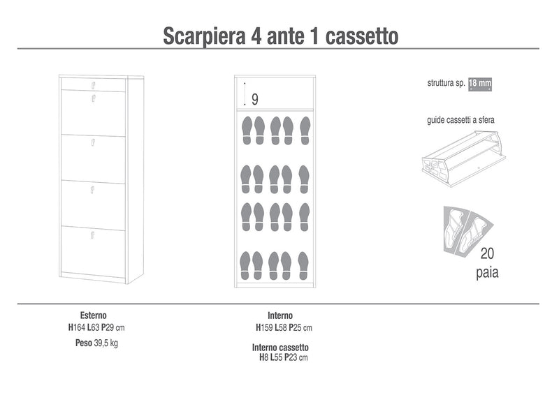 Scarpiera Salvaspazio in Legno Capacità 4 Paia 80.5 x 30.5 x 43.5 cm Bianca  – acquista su Giordano Shop