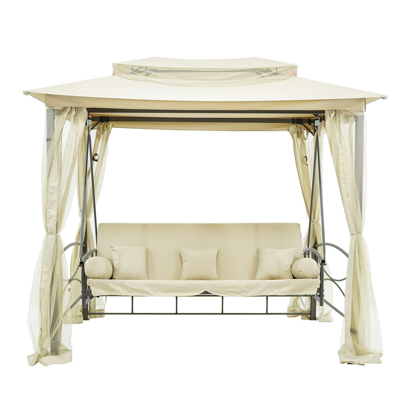 Dondolo Letto 3 Posti 255x175x250 cm con Copertura a Gazebo e Zanzariera Beige-1