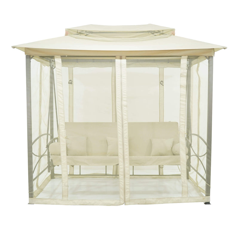 Dondolo Letto 3 Posti 255x175x250 cm con Copertura a Gazebo e Zanzariera Beige-4
