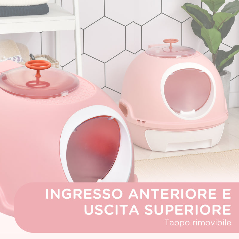 Toilette Chiusa per Gatti 47x55x44 cm con Vassoio Estraibile e Paletta Rosa-7