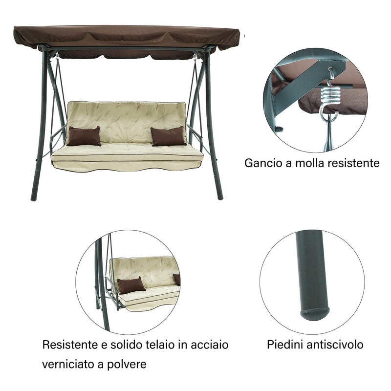 Dondolo Letto 3 Posti 202x115x170 cm in Acciaio e Poliestere Andromeda Marrone e Ecrù-4