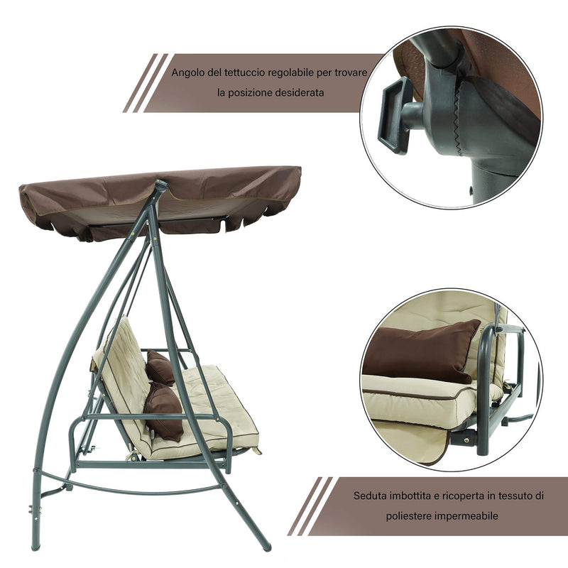 Dondolo Letto 3 Posti 202x115x170 cm in Acciaio e Poliestere Andromeda Marrone e Ecrù-5