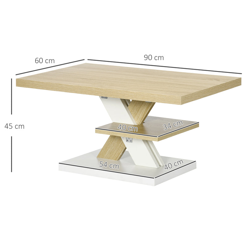 Tavolino da Caffè  90x60x45 cm con Ripiano Centrale in Legno Bianco e Legno-3