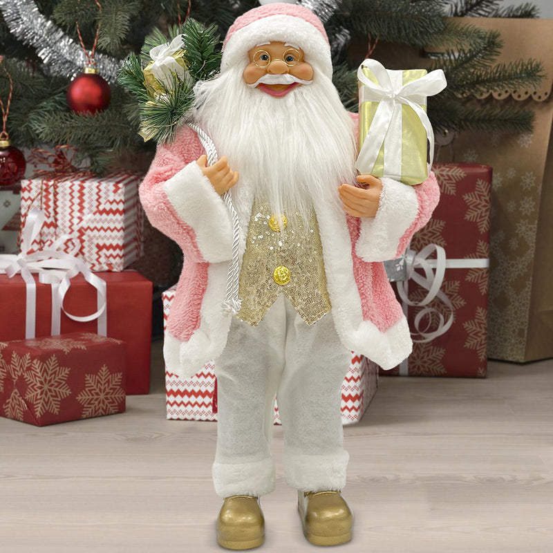 Babbo Natale Abito Rosa e Bianco H60 cm con Mini Lucciole e Suoni-4