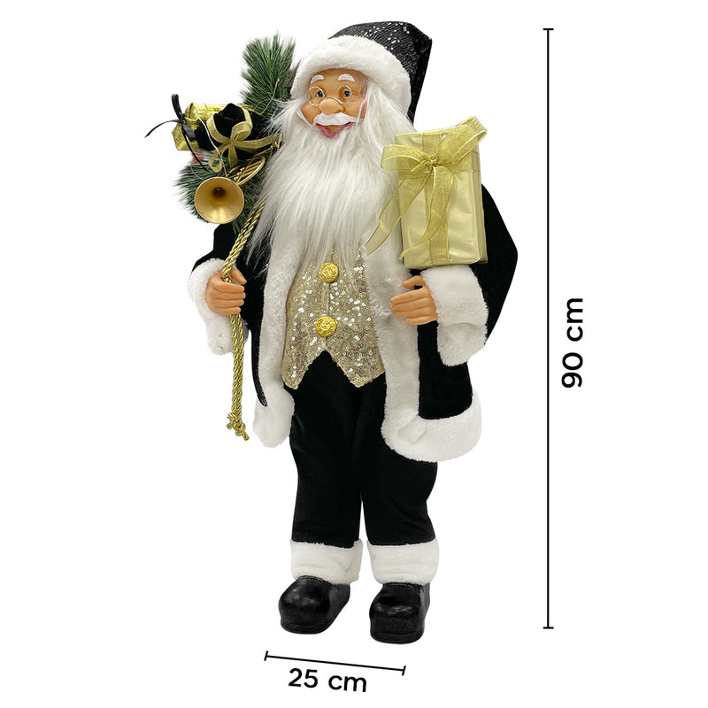 Babbo Natale Abito in Velluto H90 cm con Mini Lucciole e Suoni Nero e Oro-5