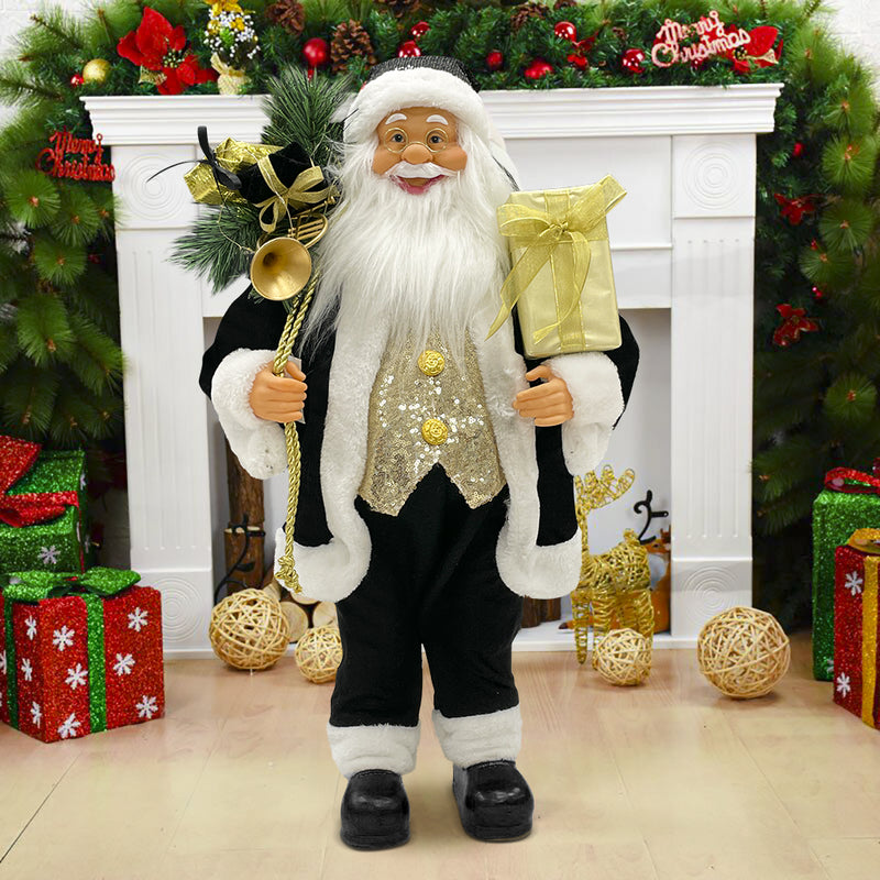 Babbo Natale Abito in Velluto H60 cm con Mini Lucciole e Suoni Nero e Oro-4