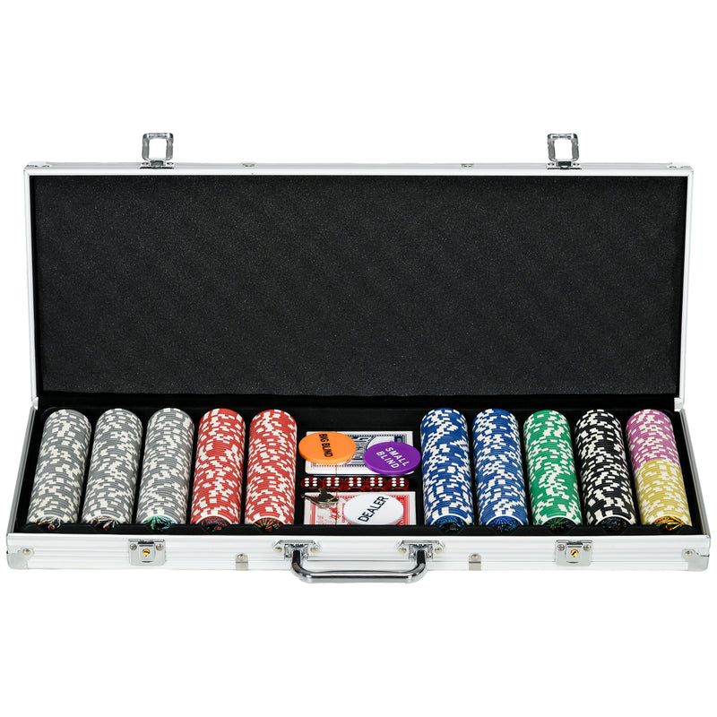 Set Poker per 9-10 Giocatori con 500 Fiches 2 Mazzi di Carte e 5 Dadi con Valigetta in Alluminio e Poliestere Argento-1