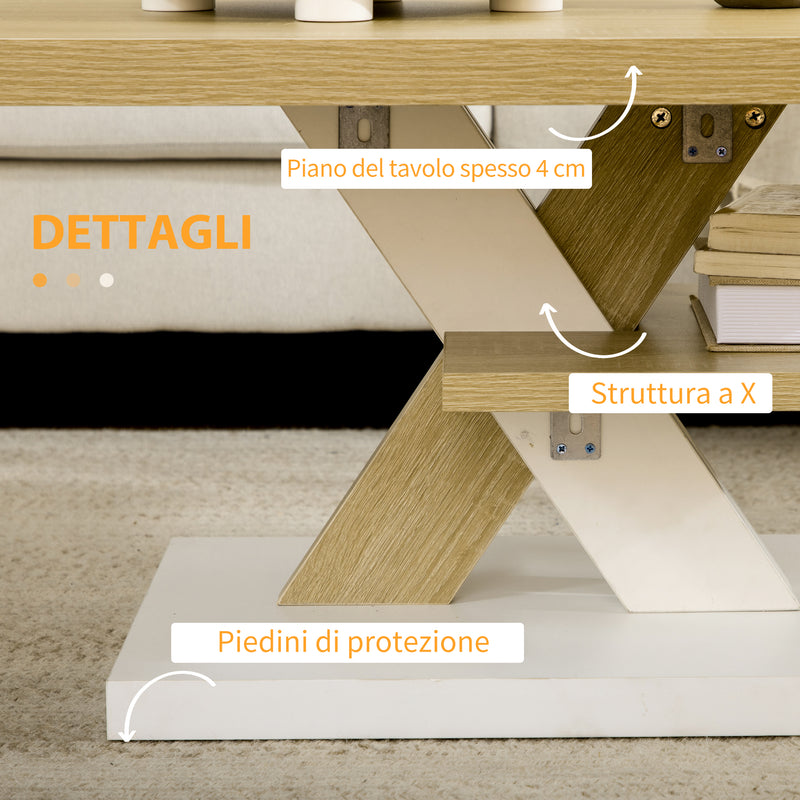 Tavolino da Caffè  90x60x45 cm con Ripiano Centrale in Legno Bianco e Legno-6