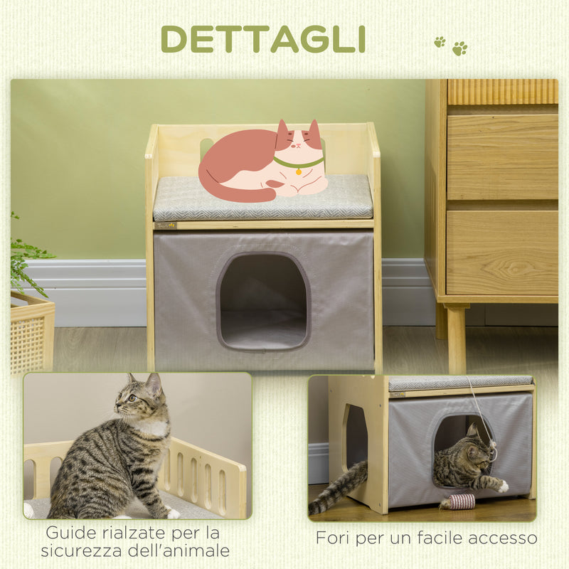 Casetta per Gatti 2 Livelli 48x38x47 cm con Cuscini Rimovibili e Guide di Sicurezza in Legno e Tessuto Grigio e Bianco-7