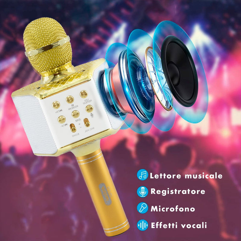 Microfono Karaoke Wireless con Luci Led Registra Canta e Riproduce Musica Oro-5