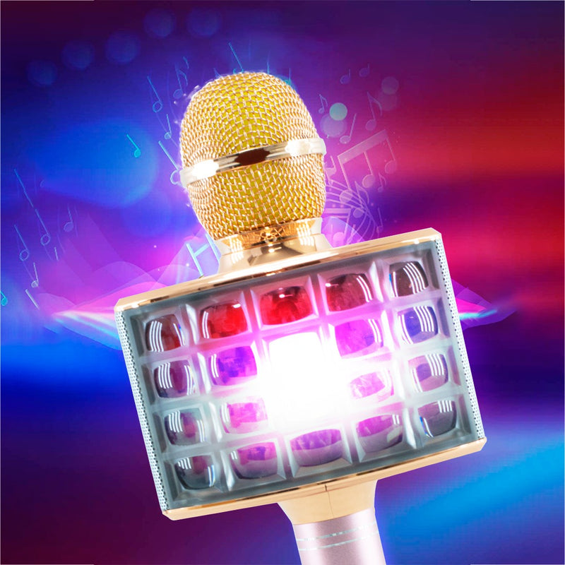 Microfono Karaoke Wireless con Luci Led Registra Canta e Riproduce Musica Oro-4