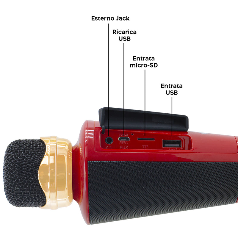 Microfono Karaoke Wireless Speaker Musica Bluetooth con USB per Feste Rosso-5