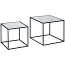 Set 2 Tavolini Quadrati Impilabili in Acciaio e Vetro Temperato Nero e Effetto Marmo-1