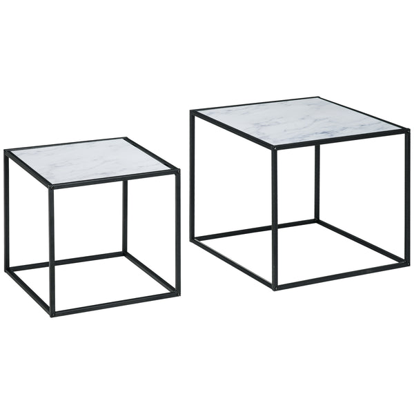 Set 2 Tavolini Quadrati Impilabili in Acciaio e Vetro Temperato Nero e Effetto Marmo prezzo