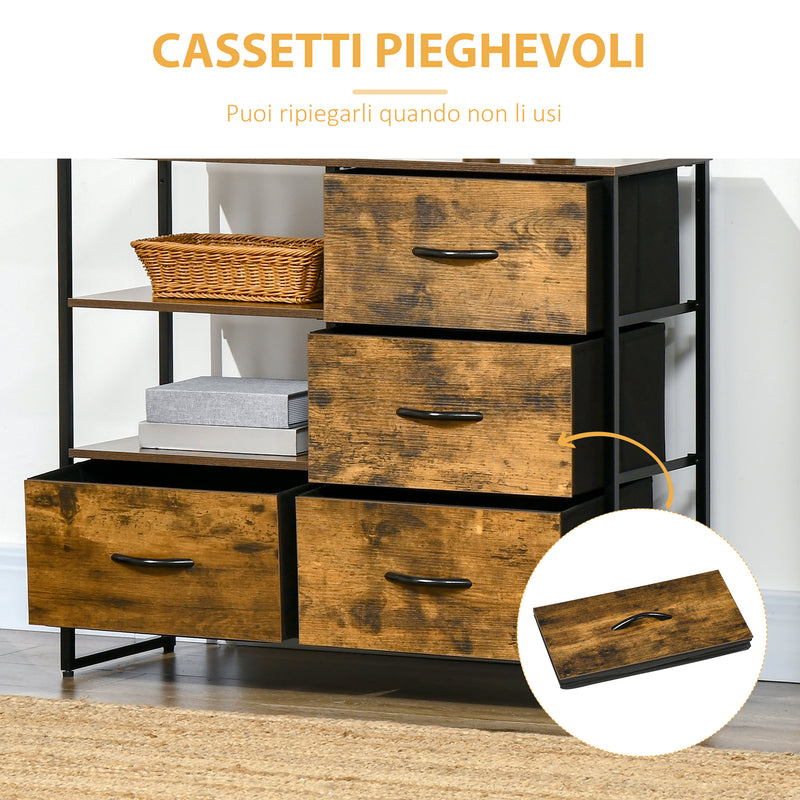 Cassettiera 4 Cassetti in Tessuto Pieghevole e 2 Ripiani 84x30x71,5 cm in Stile Industriale Marrone-5