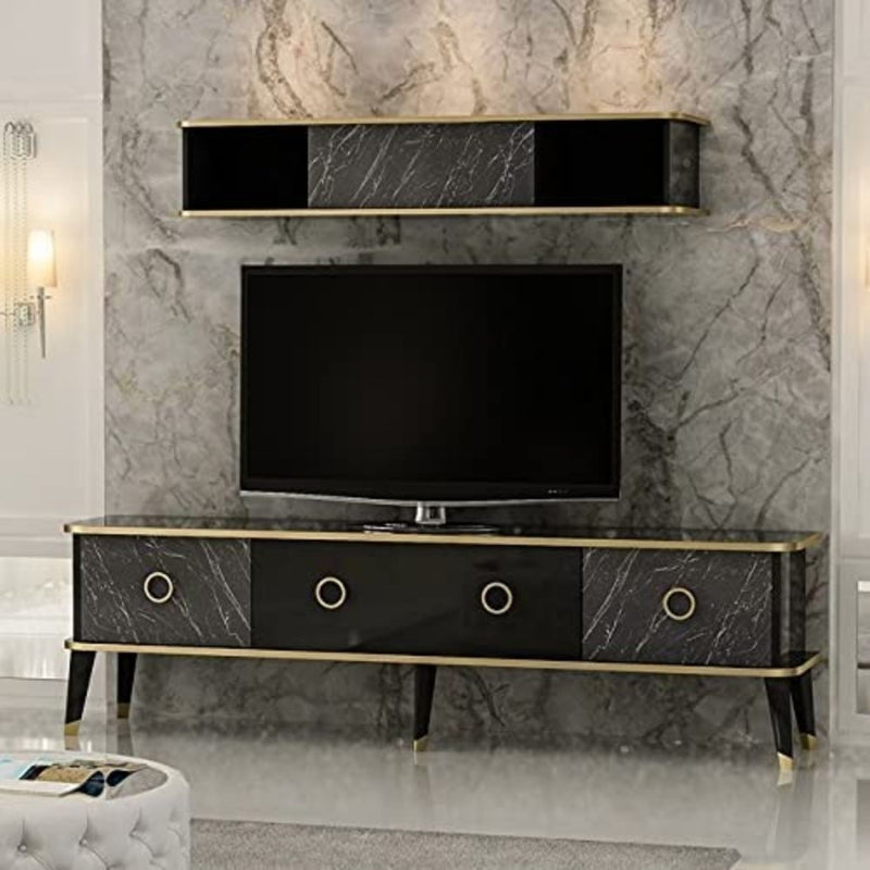 Porta tv con pensile Bientv 180 effetto marmo nero particolari oro-3