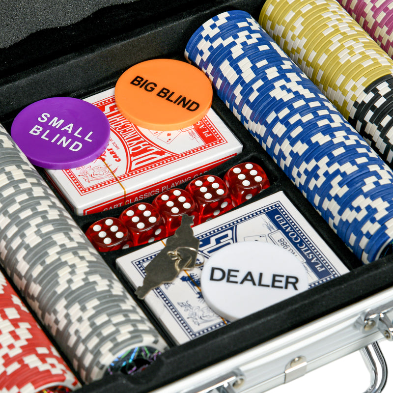 Set Poker per 9-10 Giocatori con 500 Fiches 2 Mazzi di Carte e 5 Dadi con Valigetta in Alluminio e Poliestere Argento-8