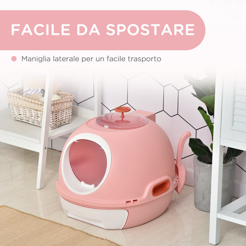 Toilette Chiusa per Gatti 47x55x44 cm con Vassoio Estraibile e Paletta Rosa-6