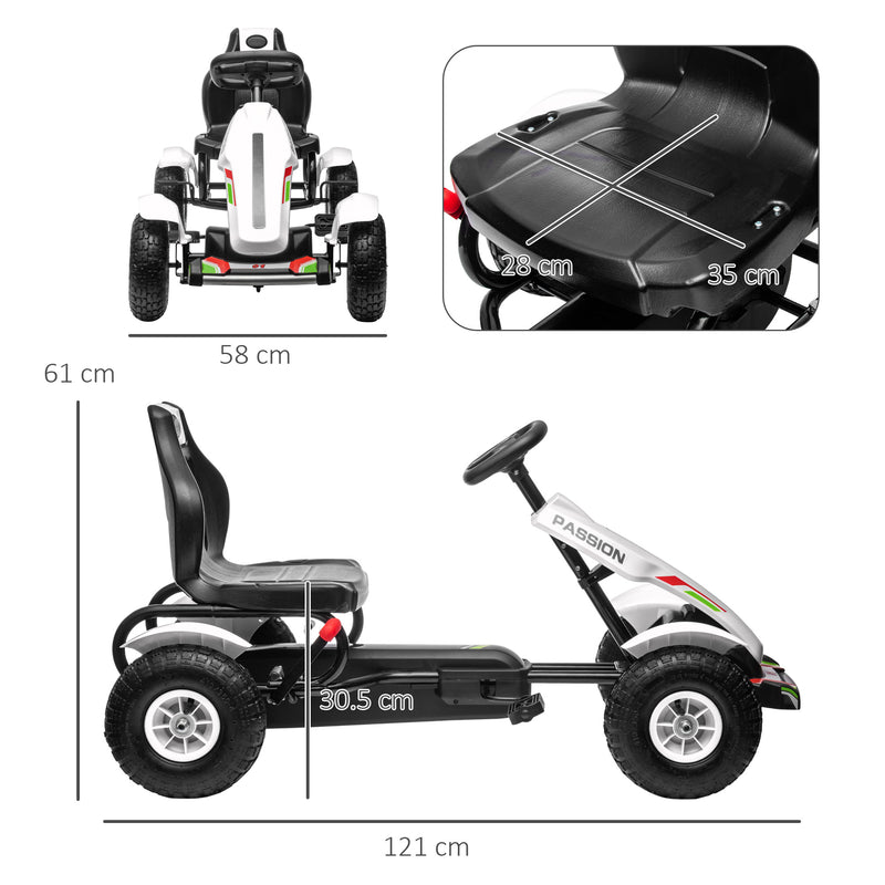 Go Kart a Pedali per Bambini 121x58x61 cm con Sedile Regolabile e Freno a Mano Bianca-3